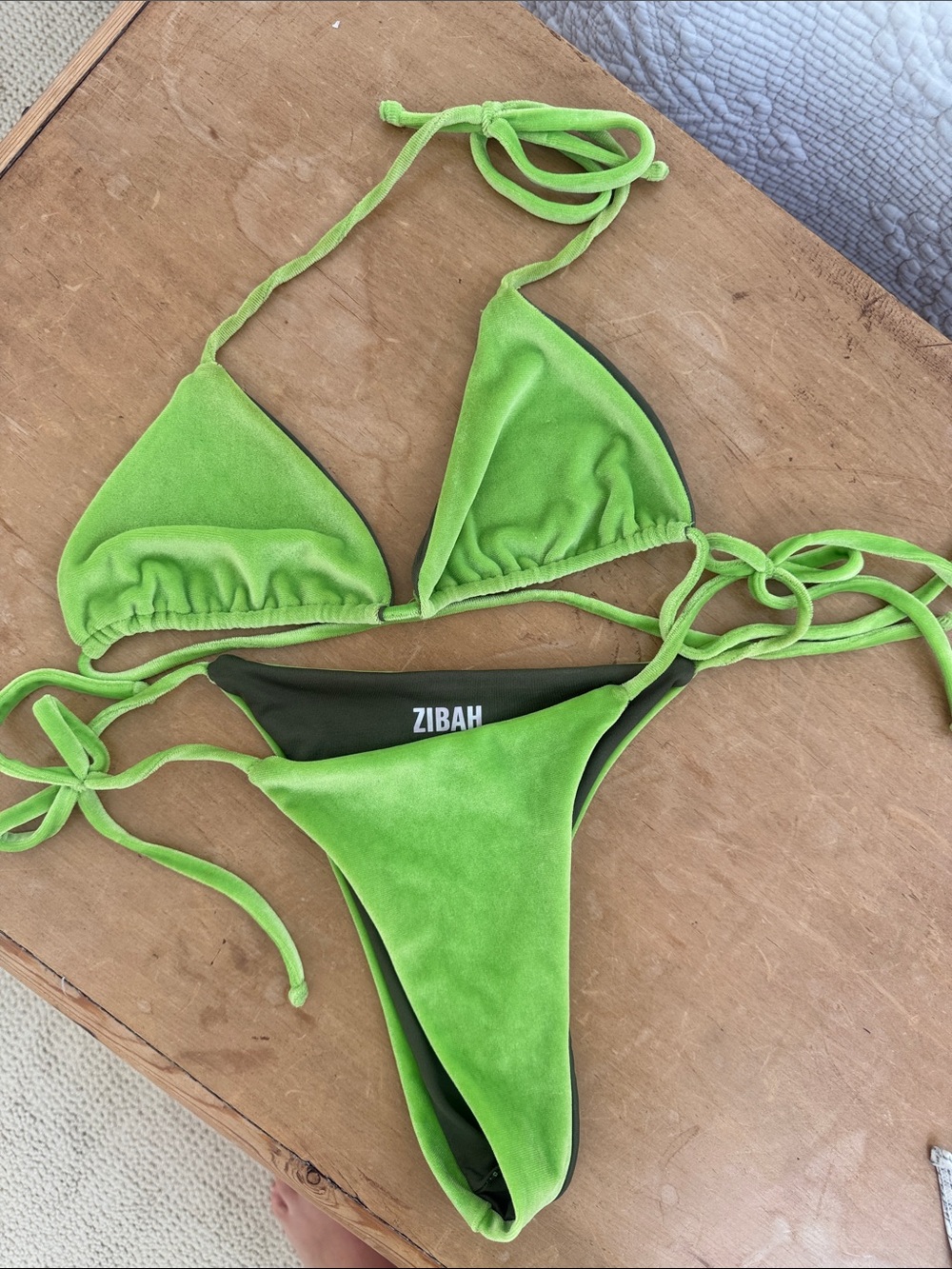 Zibah Lime Green Triangle Velvet String Bikini Top & Bottom Size Small